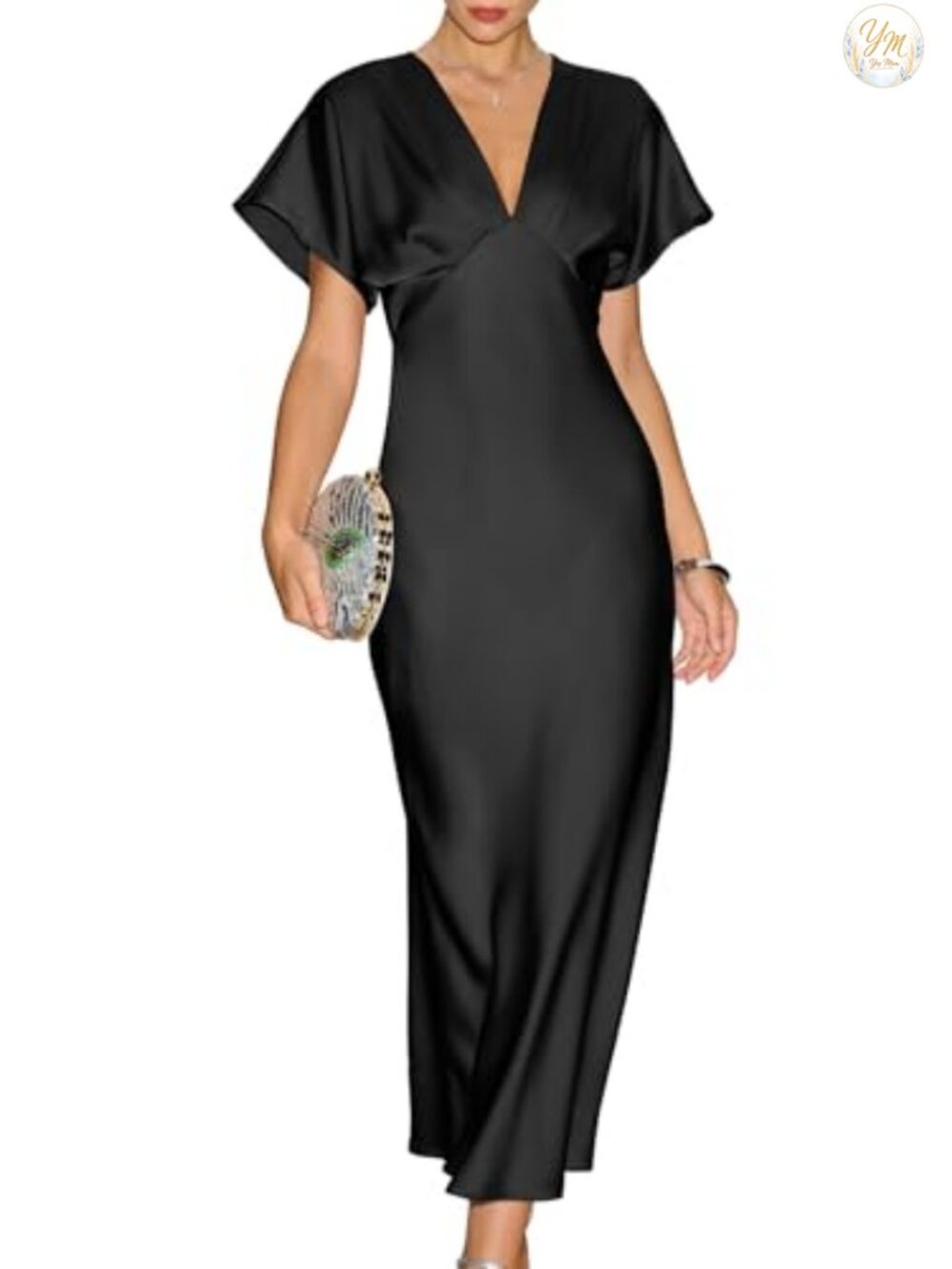 Satin Midi Dress with V-Neck Sleeves and A-Line Silhouette Cocktail